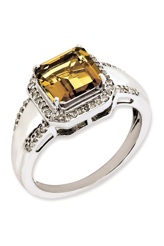 Sterling Silver Rhodium-plated Square Diamond & Whiskey Quartz Ring