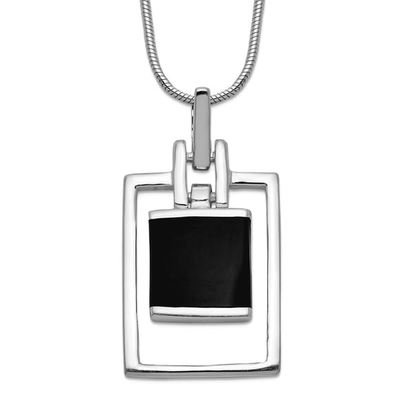 925 Sterling Silver Solid Polished Moveable Simulated Onyx Pendant With Chain 16 Inch Lobster Claw 15mm Wide Chain Neckl