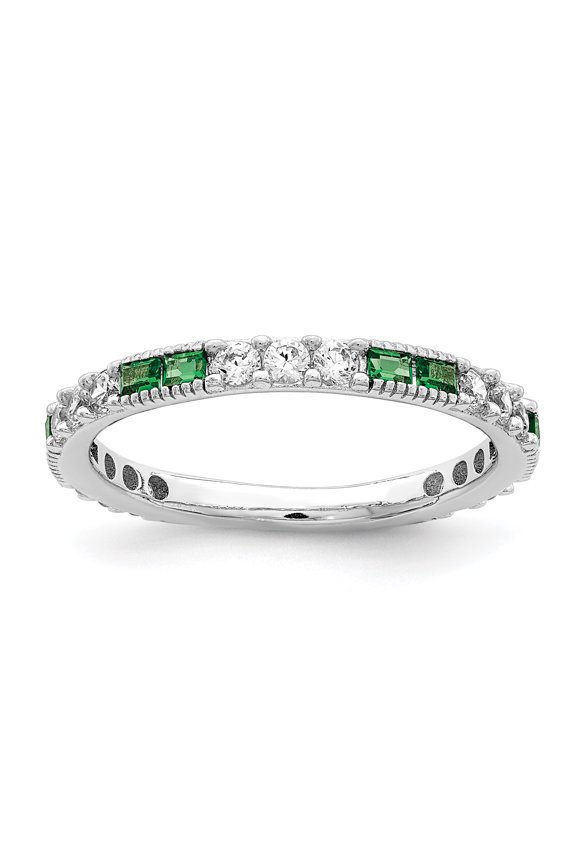 Sterling Silver Rhodium-plated Synthetic Green Spinel & Cubic Zirconia Band Ring Size 7