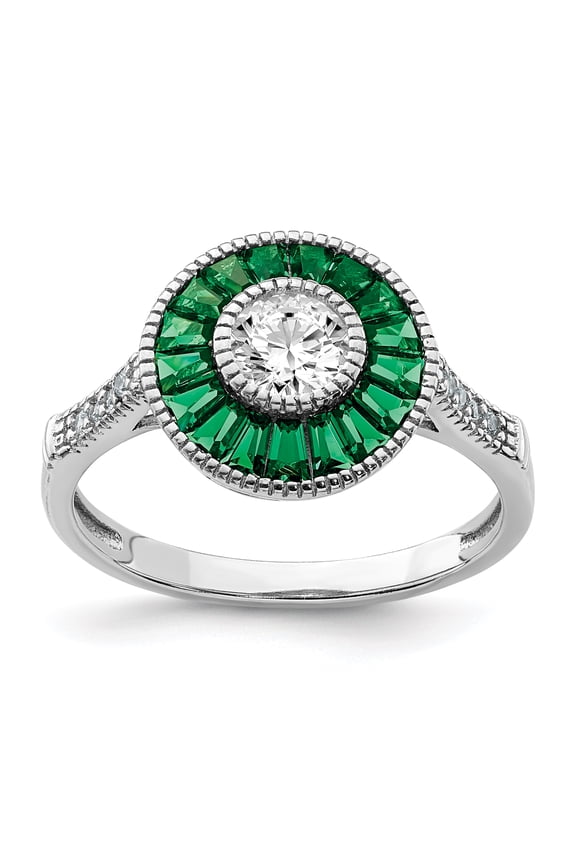 Sterling Silver Rhodium-plated Synthetic Green Spinel & Cubic Zirconia Ring Size 8