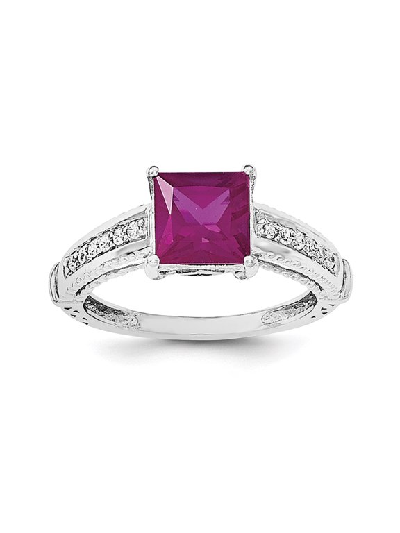 Sterling Silver Rhodium-plated Synthetic Ruby & CZ Ring Size 7