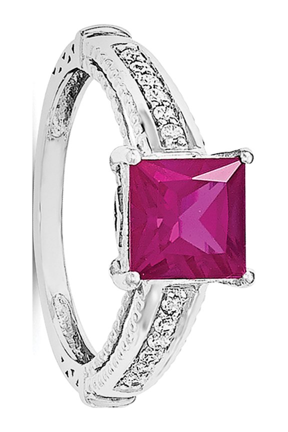 Sterling Silver Rhodium-plated Synthetic Ruby & CZ Ring