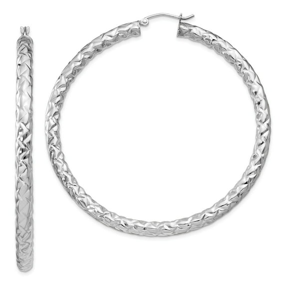Sterling Silver Rhodium-plated Textured Hinged Hoop Earrings
