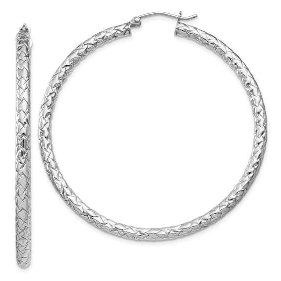 Sterling Silver Rhodium-plated Textured Hinged Hoop Earrings