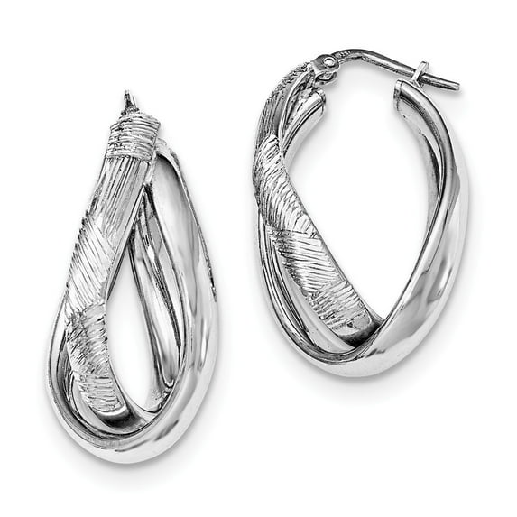Sterling Silver Rhodium-plated Textured Hoop Earrings - Measures 25x16mm Wide 15mm Thick