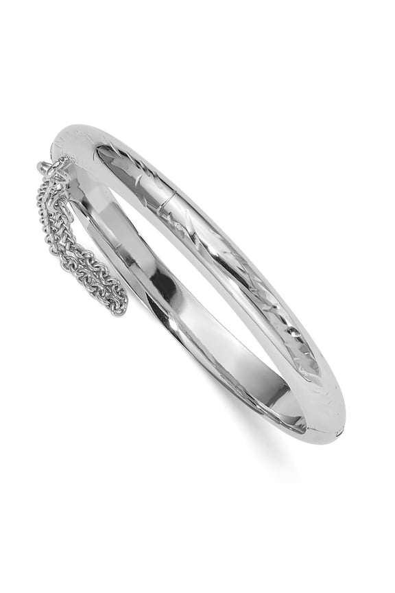 Sterling Silver Rhodium-plated Textured Safety Hinged Baby Bangle with Pink Gift Pouch