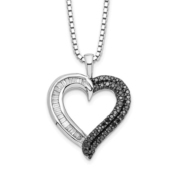 Sterling Silver Rhodium-plated White Night Black & White Diamond Heart Pendant Necklace