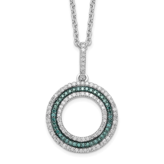 Sterling Silver Rhodium-plated White Night Blue & White Diamond Circle Pendant Necklace