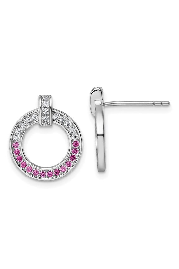 Sterling Silver Rhodium-plated White and Red CZ Open Circle Post Earrings