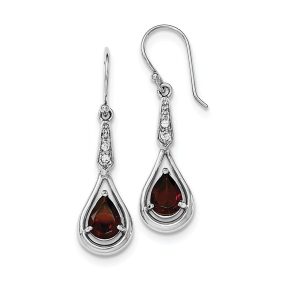 Sterling Silver Rhodium-plated With Cubic Zirconia and Garnet Shepherd Hook Earrings - Measures 40x1
