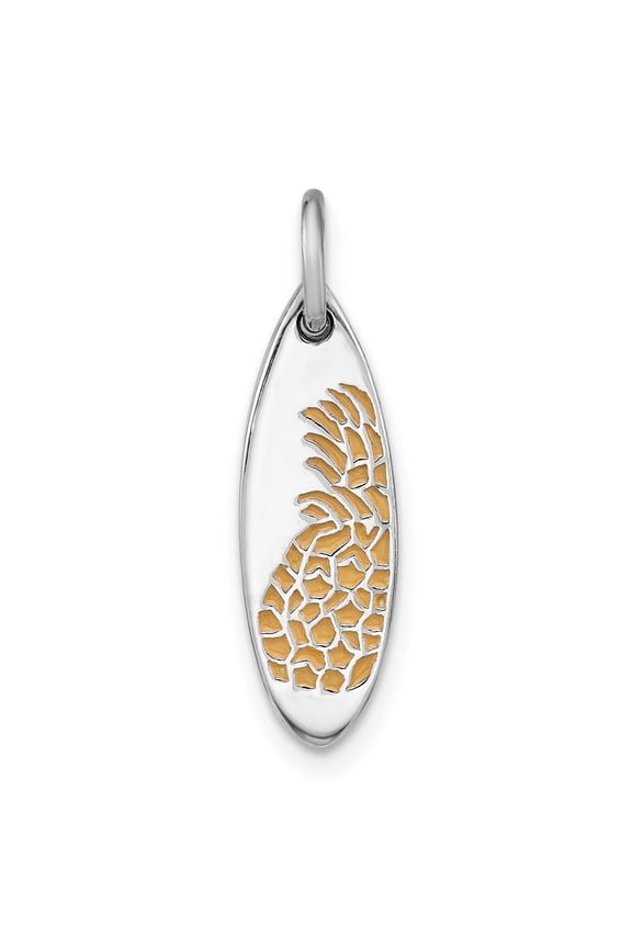 Sterling Silver Rhodium-plated Yellow Enamel Pineapple Surfboard Pendant