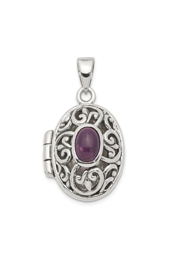 Sterling Silver Rhodium-plated and Antiqued Amethyst Locket