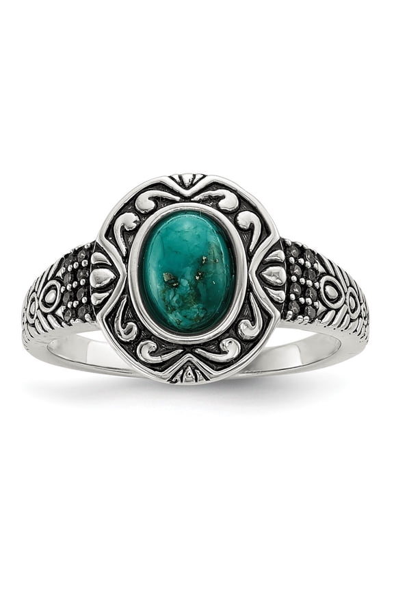 Sterling Silver Rhodium-plated and Oxidized With Recon. Simulated Turquoise Ring - Size 8 - Measures 1.5mm Wide <mm Thic