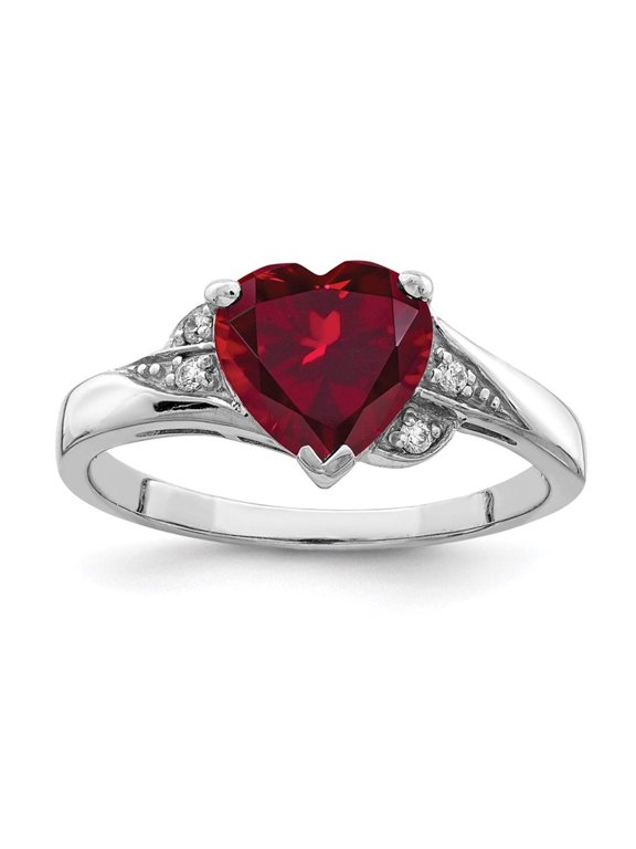 Sterling Silver Rhodium-plated w/CZ and Synthetic Ruby Heart Ring Size 6
