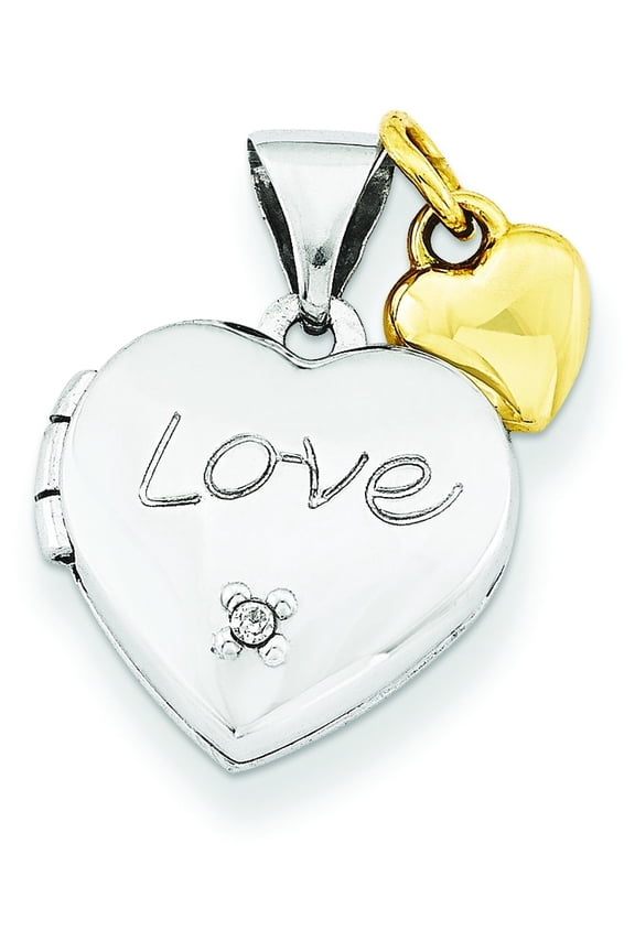 Sterling Silver Rhodium-plated w/Gold-plated Dia w/ Charm Heart Locket