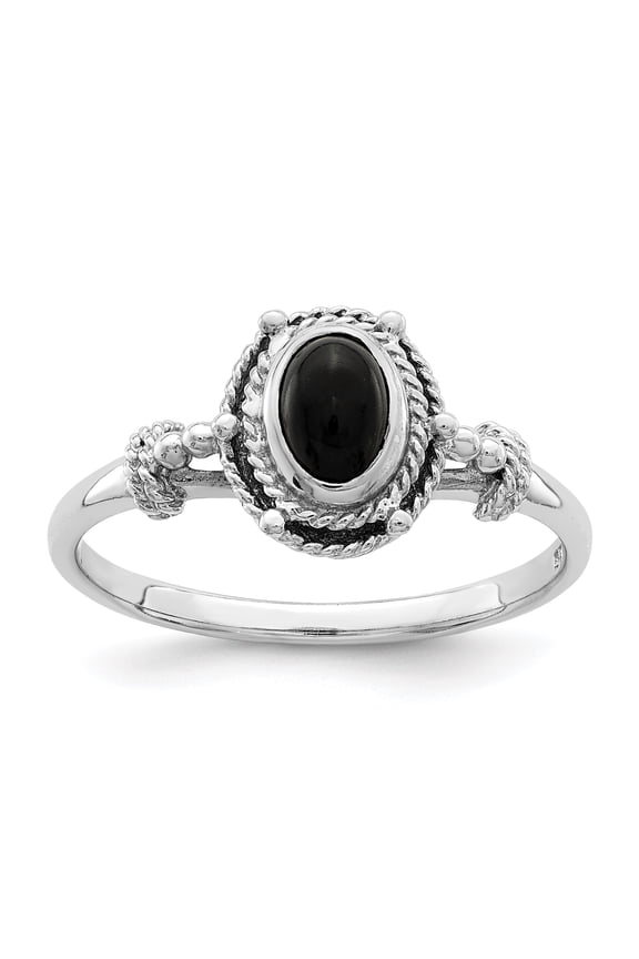 Sterling Silver Rhodium-plated with Black Oval Onyx Stone Ring QR7011