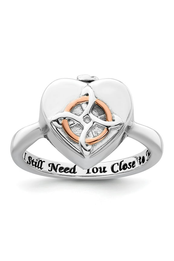 Sterling Silver Rhodium-plated with Rose-tone Circle Celtic Heart I STILL NEED YOU CLOSE TO ME (Inside) Ash Holder Size 8 Ring