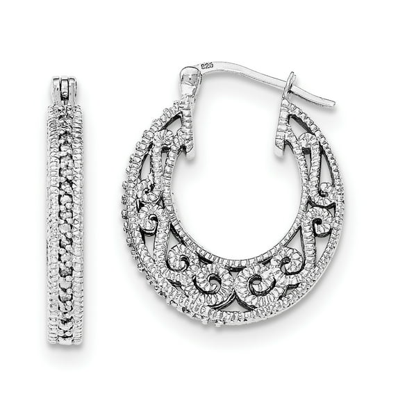 Sterling Silver Rhodium with Diamond Hinged Hoop Earrings Sterling Silver Earrings
