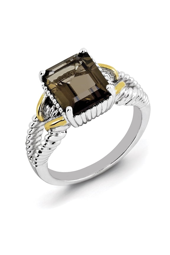 Sterling Silver Rhodium with Flash Gold-plate Smoky Quartz Ring