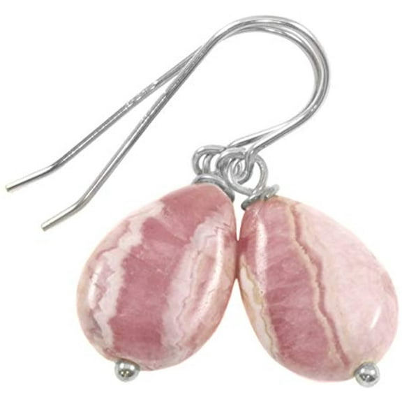 Sterling Silver Rhodochrosite Earrings Marbled Soft Pink Smooth Teardrops Designed for Adult Women