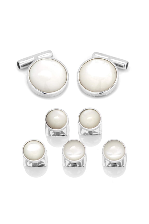 Sterling Silver Ribbed MOP Cufflinks and 5-Stud Set
