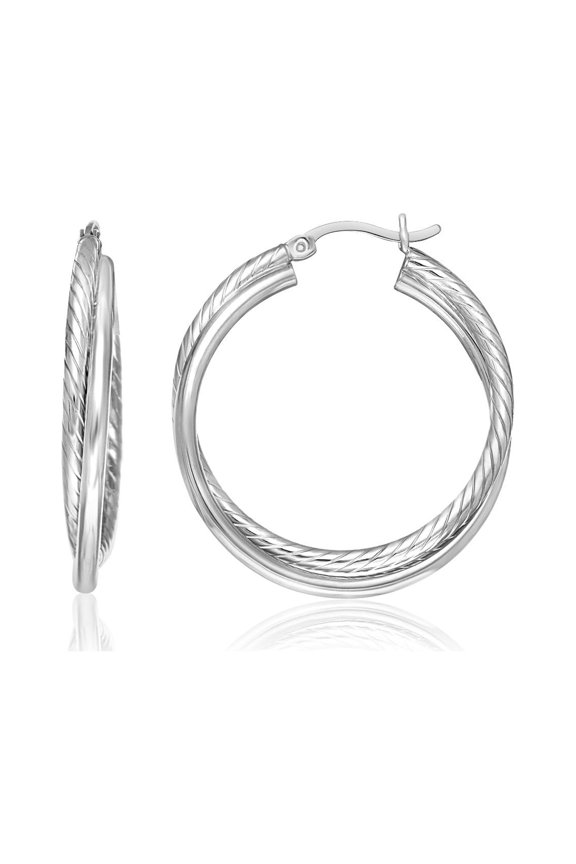 Sterling Silver Ridged Hoop Earrings with Textured Design