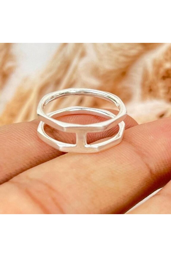 Sterling Silver Ring - Handmade Double Band Minimalist Geometric Stacking Ring, Artisan Silver Jewelry Gift