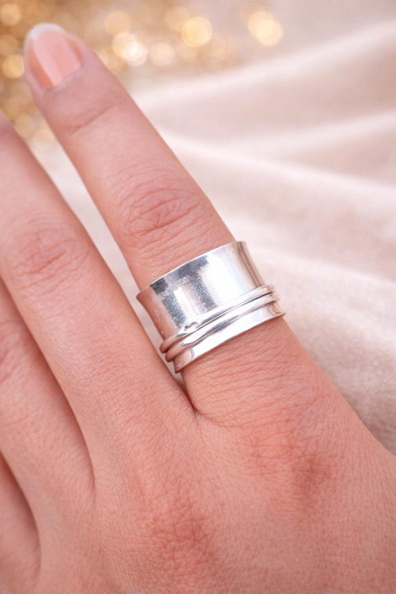 Sterling Silver Ring - Handmade Wide Band Minimalist Thumb Band, Durable Artisan Silver Jewelry Accessory