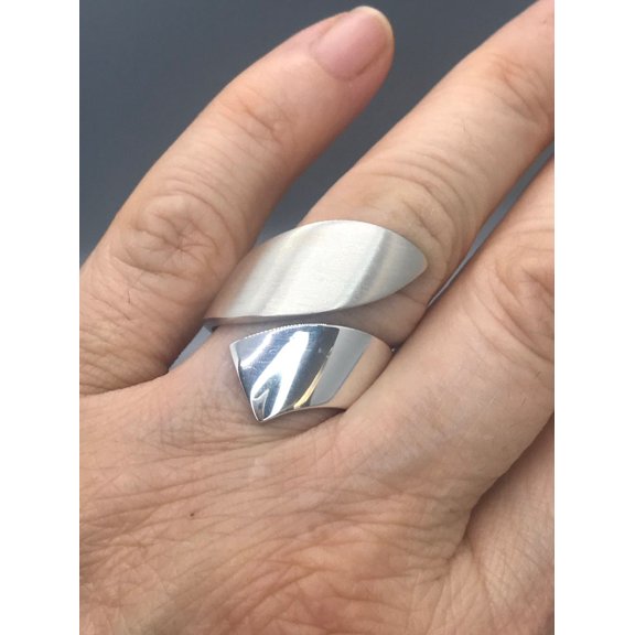 Sterling Silver Ring | Wide Bypass Band With Half Polish Finish | Modern Artisan Jewelry Design