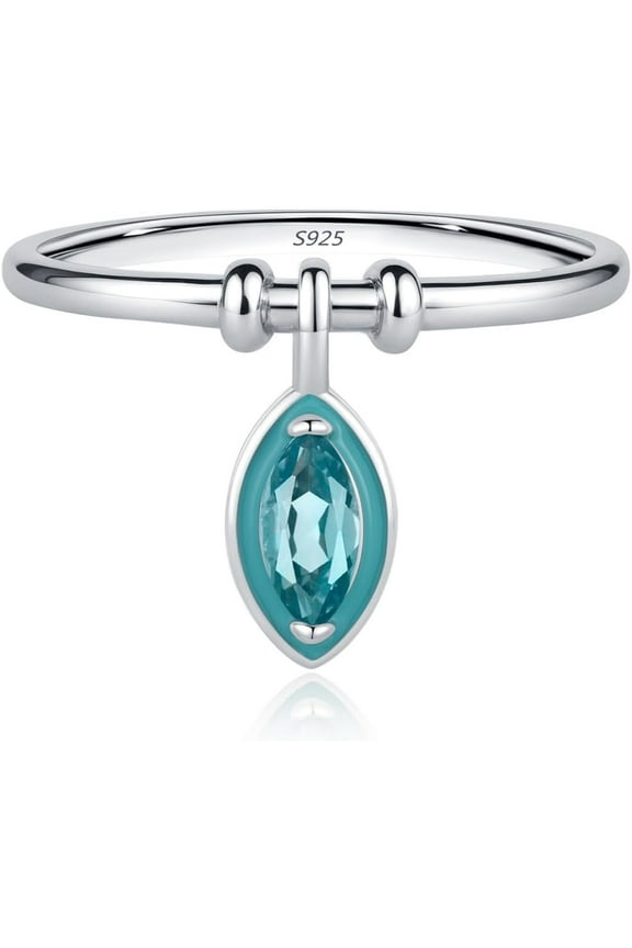 Sterling Silver Ring with Dangle Blue Crystal Charm for Women Teardrop Dangling Stacking Ring Promise Engagement Statement Rings Wedding Band
