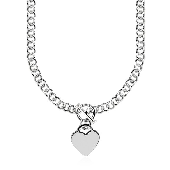 Sterling Silver Rolo Chain a Heart Toggle Charm Rhodium Plating 18 in