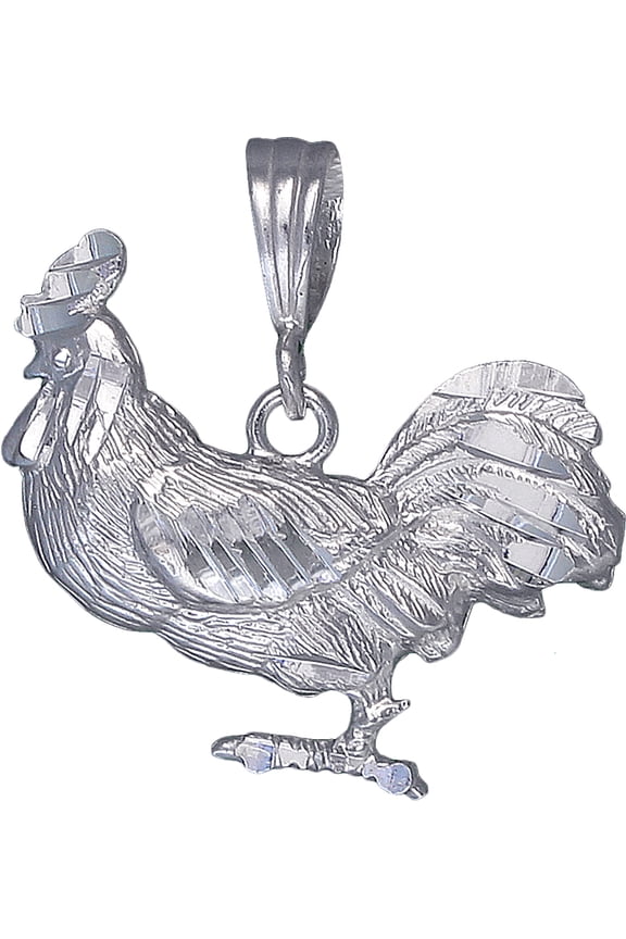 Sterling Silver Rooster Charm Pendant Necklace with Diamond Cut Finish and 24 Inch Figaro Chain