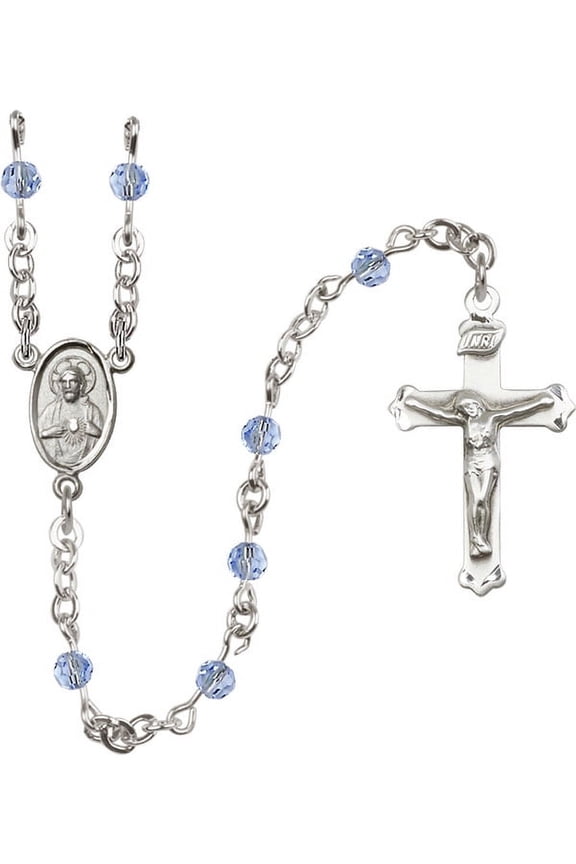 Sterling Silver Rosary 4mm Light September Blue Swarovski beads Crucifix sz 1 1/8 x 5/8. Scapular medal charm