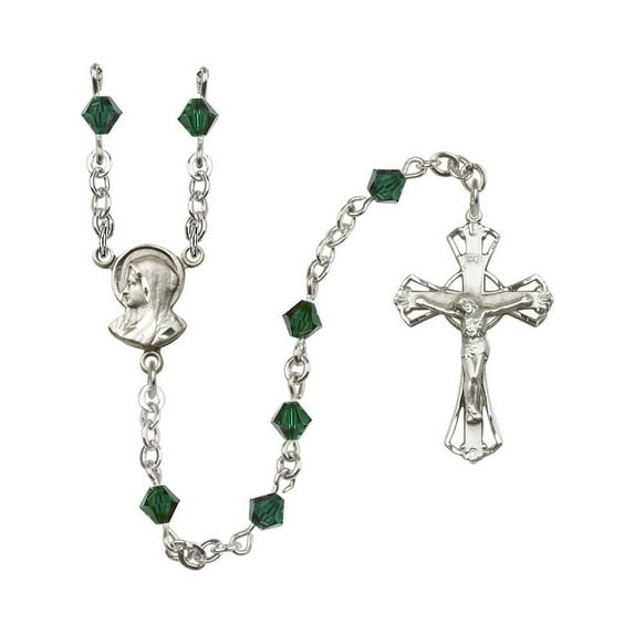 Sterling Silver Rosary 5mm May Green Swarovski Rundell-Shaped beads Crucifix sz 1 1/4 x 3/4. Madonna medal charm