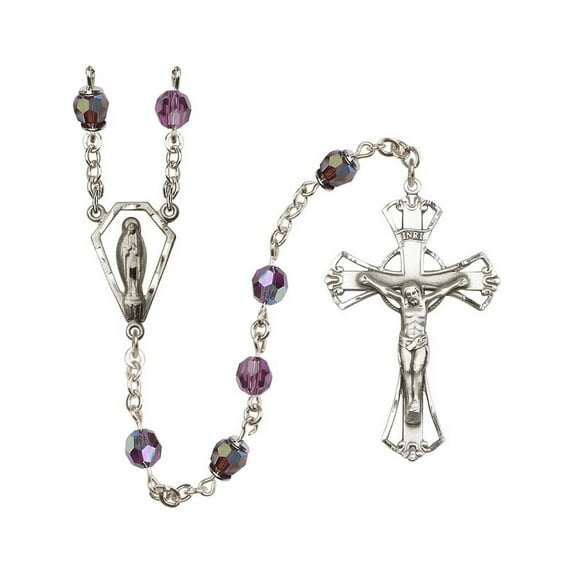 Sterling Silver Rosary 6mm Jet Swarovski Austrian Tin Cut Aurora Borealis beads Crucifix sz 1 3/4 x 1 1/8. Miraculous medal