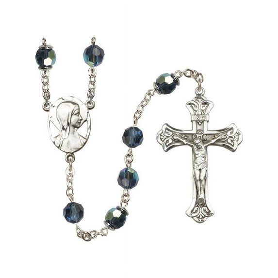 Sterling Silver Rosary 8mm Montana Blue Swarovski Capped Our Father Aurora Borealis beads Crucifix 1 7/8 x 1 1/8 Novena medal