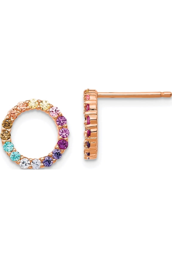 Sterling Silver Rose 14K Flash-Plated Colorful Cz Open Circle Post Earrings (10.02 X 9.8) Made In China qe14459rp