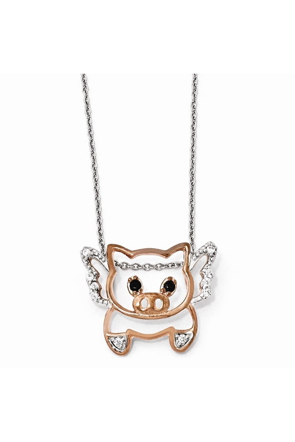 Sterling Silver Rose-Gold-Flashed Cubic Zirconia Flying Pig 18 Inch Necklace - 18 Inch - Measures 20mm Wide