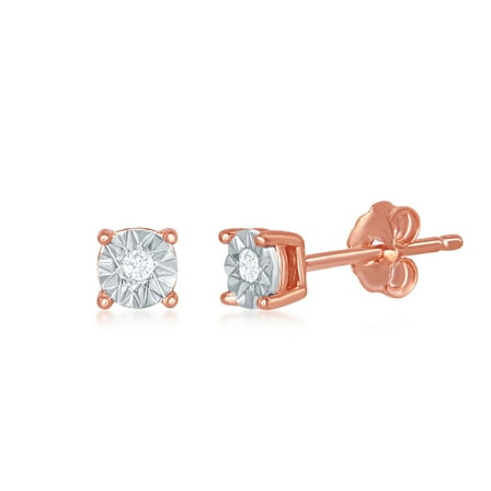 Sterling Silver Rose Gold Plated 4MM with Center Genuine 0.5tcw Diamond Accent Stud Earrings