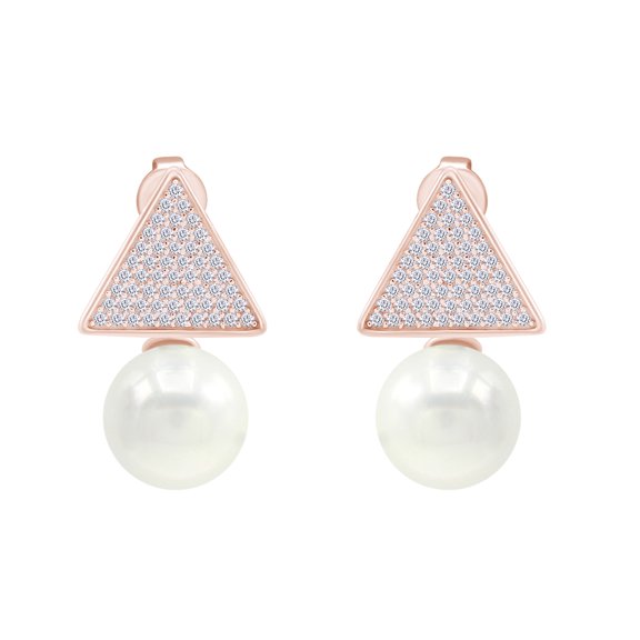Sterling Silver Rose Gold Plated 9 mm Simulated Freshwater Culture Pearl Cubic Zirconia Triangle Earrings for Mom Women