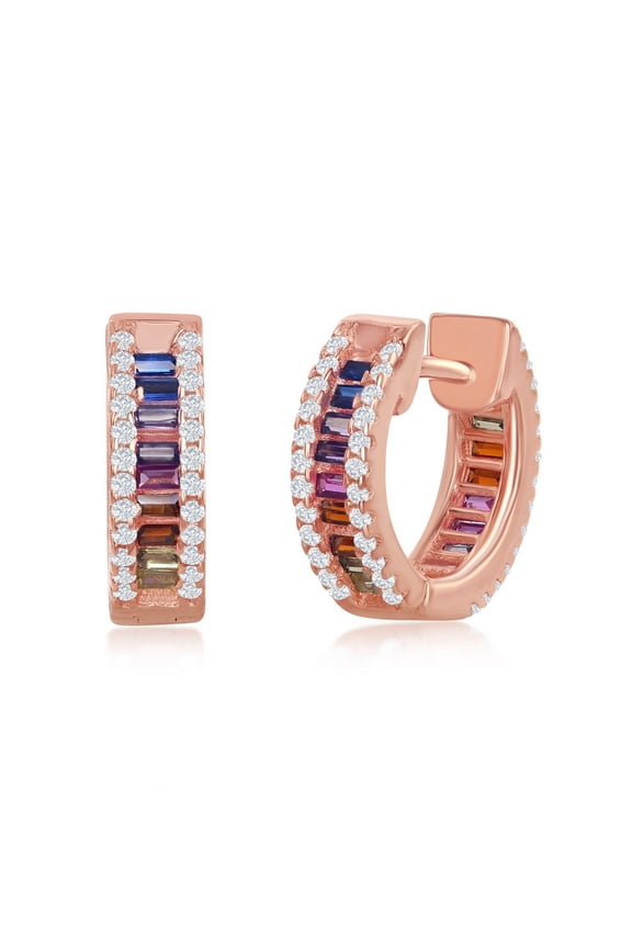 Sterling Silver Rose Gold Plated Baguette Rainbow CZ Small Huggie Hoop Earrings