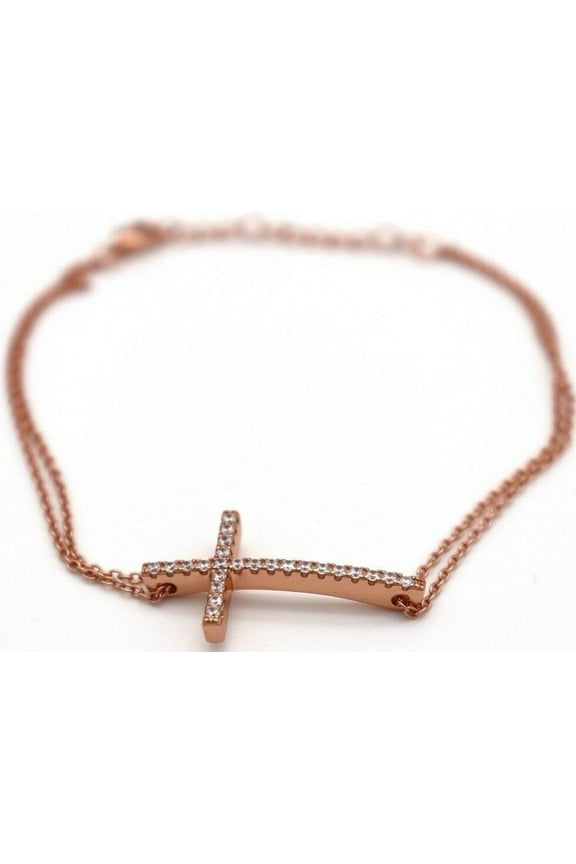 Sterling Silver Rose Gold Plated Clear Cubic Zirconia Cross Bracelet