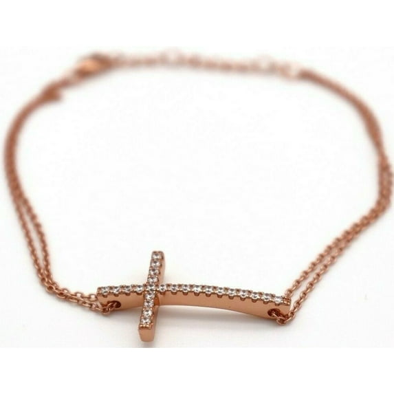 Sterling Silver Rose Gold Plated Clear Cubic Zirconia Cross Bracelet