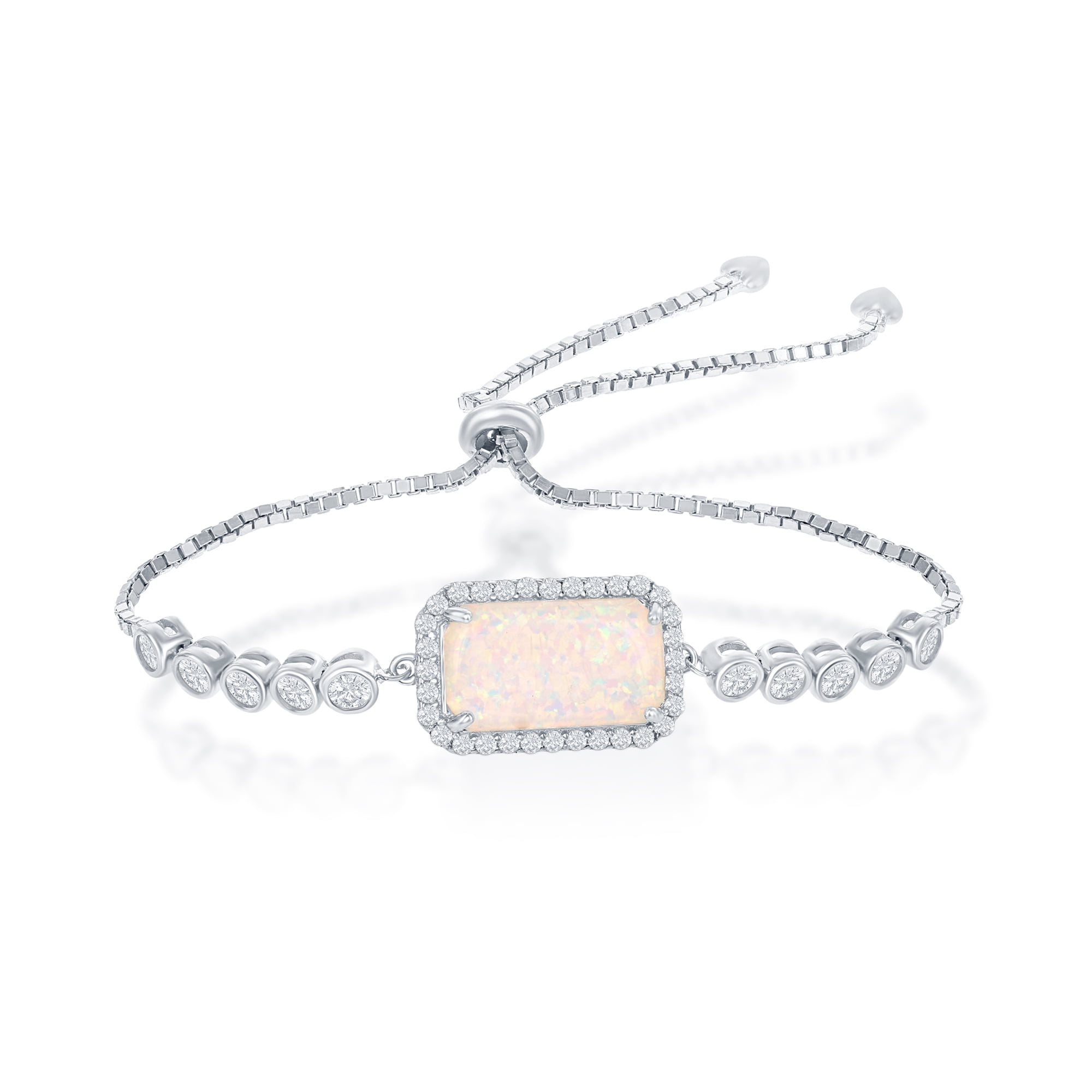 Sterling Silver White Created Opal And CZ Adjustable Bolo Bracelet Sterling Silver White Created Opal And CZ Adjustable Bolo Bracelet