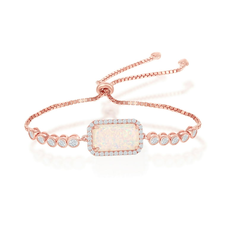 Sterling Silver White Created Opal And CZ Adjustable Bolo Bracelet Sterling Silver White Created Opal And CZ Adjustable Bolo Bracelet