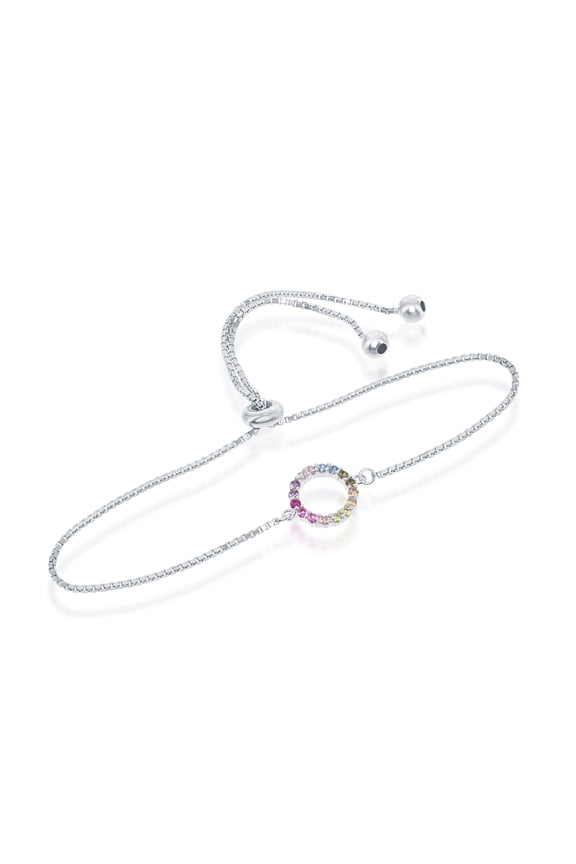 Sterling Silver, Rose Gold Plated, Or Gold Plated Rainbow CZ Open Circle Adjustable Bolo Bracelet
