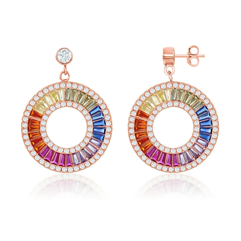 Sterling Silver Rose Gold Plated Rainbow Baguette CZ Open Circle Earrings