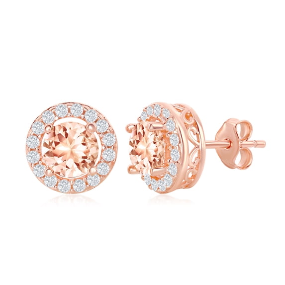 Sterling Silver Rose Gold Plated Round Morganite CZ w/White CZ Border Earring