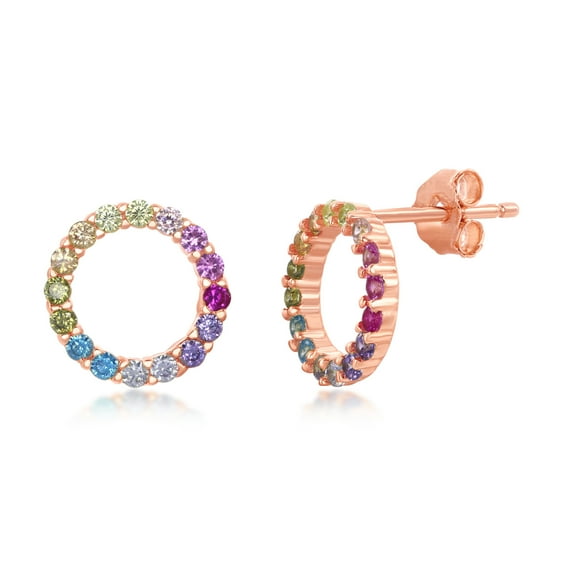 Sterling Silver, Rose Gold Plated, or Gold Plated Rainbow CZ Open Circle Stud Earrings