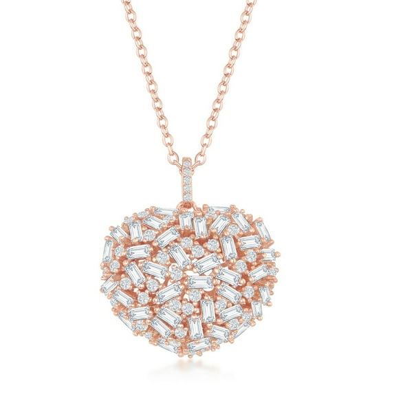 Sterling Silver/Rose Gold Rainbow and White Baguette Cubic Zirconia Solid Puffed Heart 16+2’’ Necklace